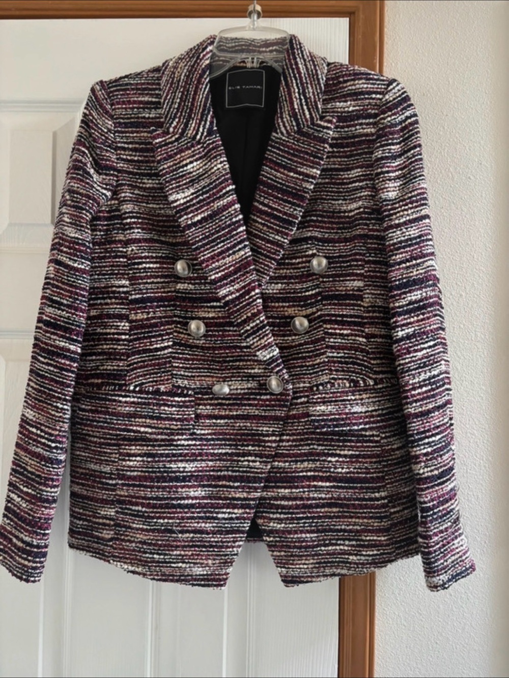 Elie Tahari Multicolor Tweed Double-Breasted Blazer (Wine, Black, White)